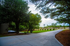 A paved pathway leading through a park with trees and a building in the background.