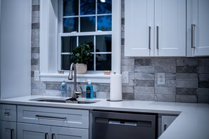 A modern kitchen with a built-in dishwasher, a window with a view, and a potted plant on the windowsill.