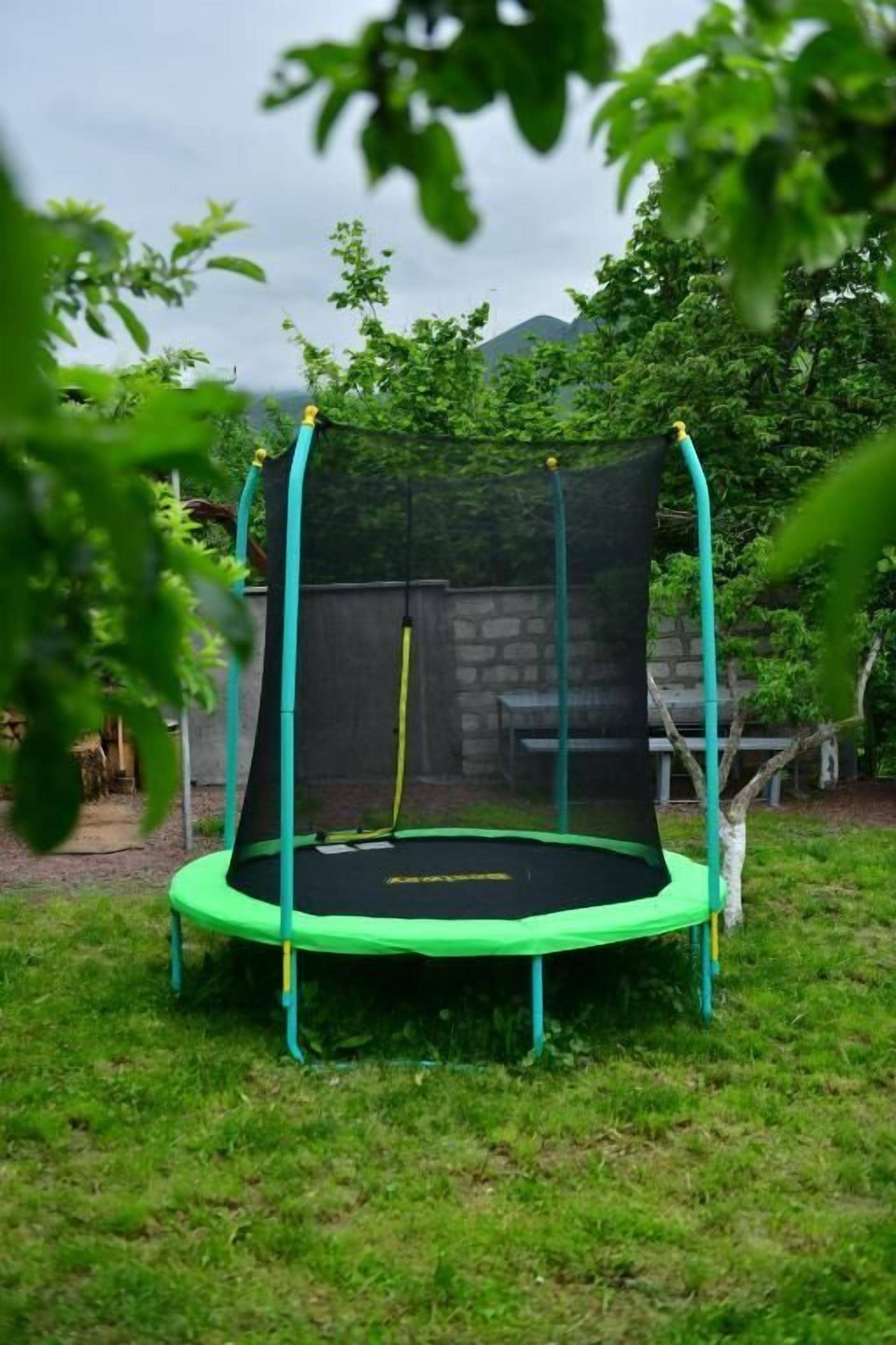 Un trampoline doté d’un filet de protection, installé dans une cour gazonnée.