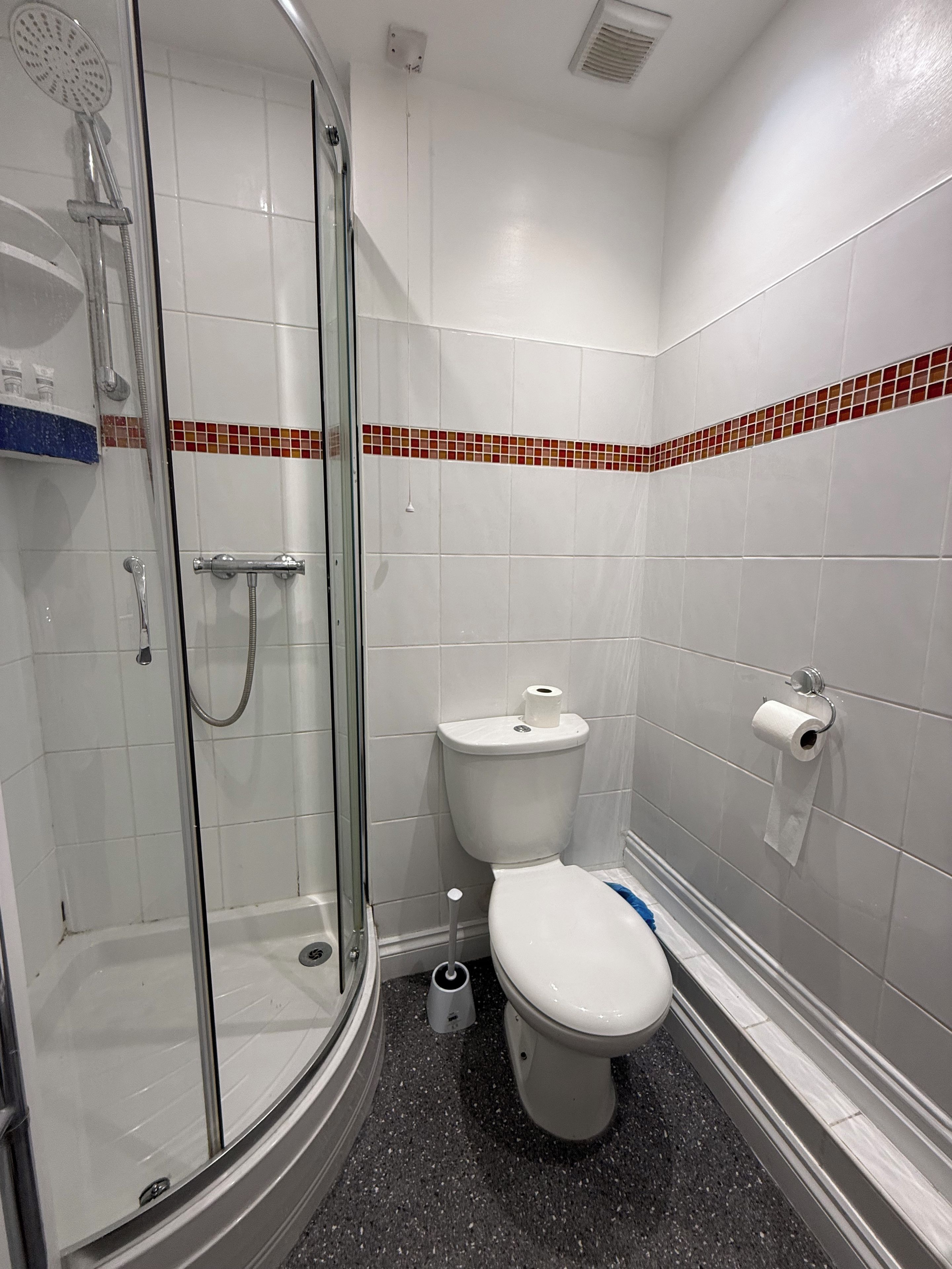 Une salle de bain avec une douche à parois de verre, des toilettes et un bidet.