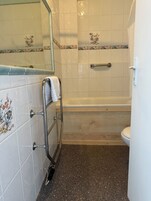 Un baño con bañera, inodoro y zona de ducha.