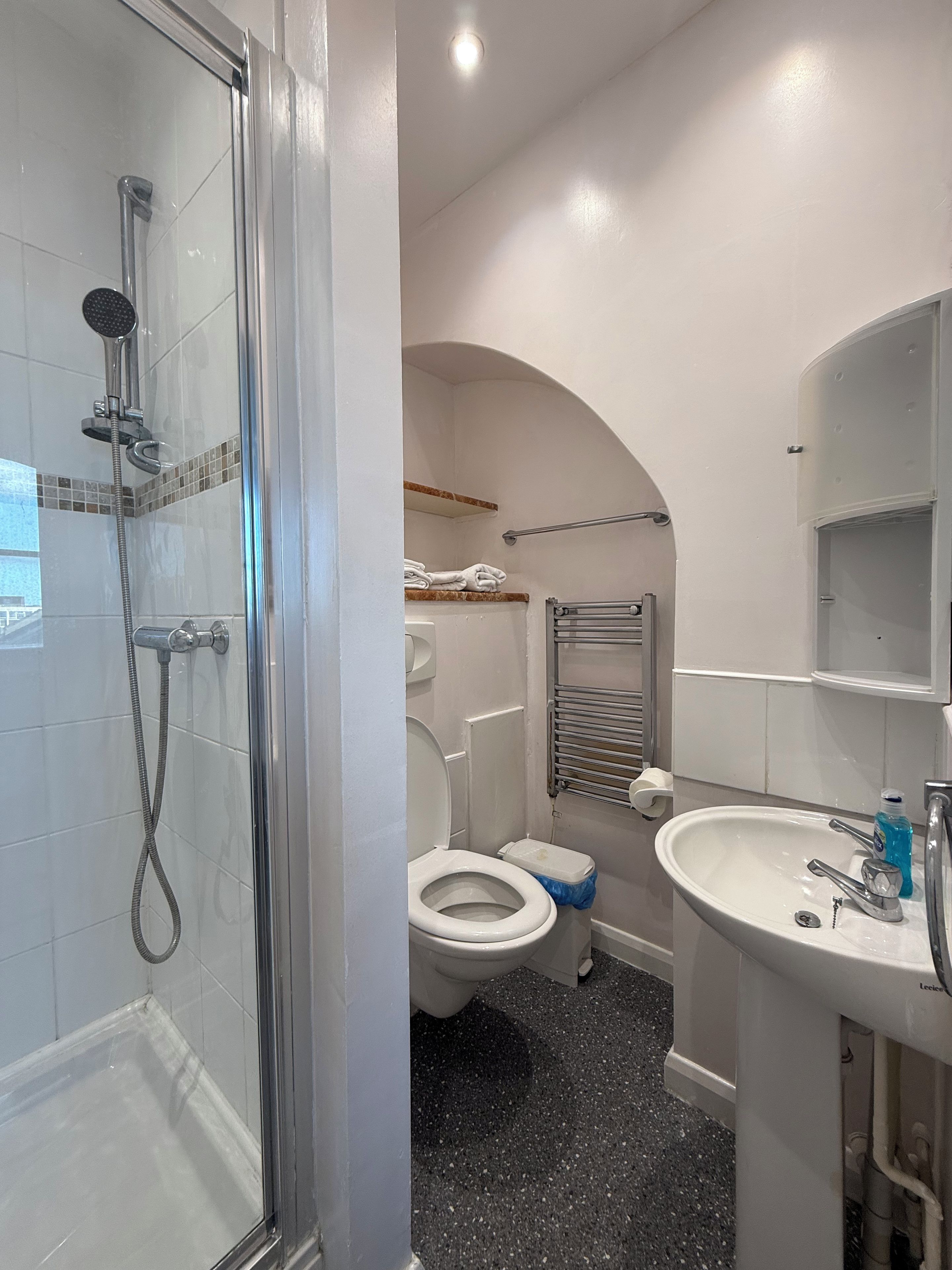 Un baño con ducha de vidrio, inodoro y lavabo con espejo.