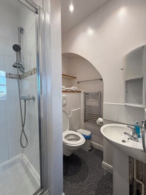Un baño con ducha de vidrio, inodoro y lavabo con espejo.