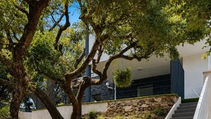 A staircase with stone steps leading up to a building, surrounded by greenery and a tree. - New three-room apartment in a quiet neighborhood, Valescure district (Saint-Raphaël)