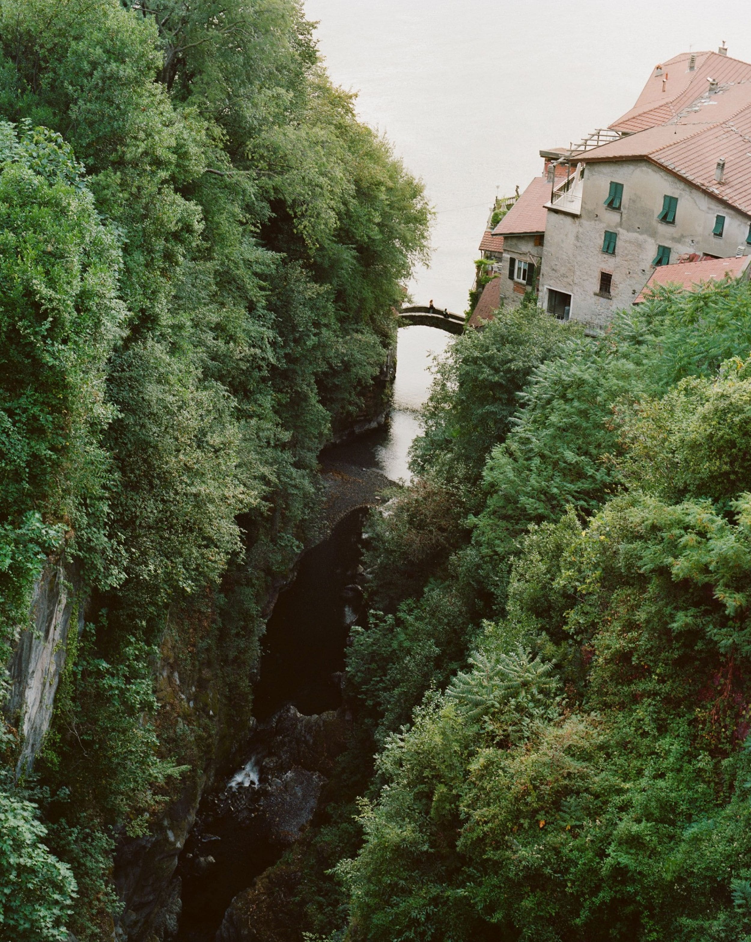 Eine schmale Schlucht mit dichtem Grün an beiden Seiten und ein Gebäude mit rotem Dach im Hintergrund.