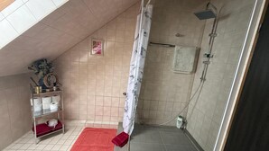 Suihkukaappi, jossa on lasiovi, punainen kylpymatto ja wc-paperiteline, jossa on paperirullia.