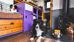 Un perro descansando sobre un piso de madera, con un tazón de comida y un saco de pienso para perros cerca.