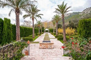 Ein gepflasterter Weg führt zu einer Laube in einem angelegten Garten mit Palmen und Hecken.