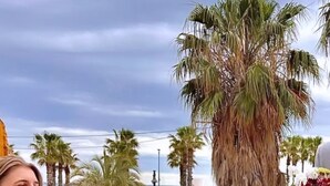 A person seated at an outdoor table with a meal, overlooking a coastal area with palm trees and a view of the sea. - Beachfront villa in Valencia for up to 25 people. (València)
