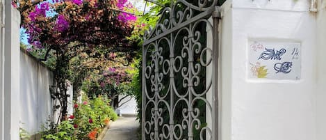 A gated pathway with a metal gate, surrounded by flowering plants and a white wall.