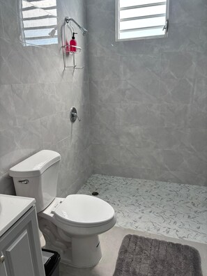 Douche, sèche-cheveux, serviettes fournies, savon