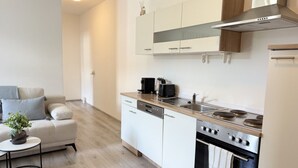 A compact kitchen with a stove, oven, and dishwasher, adjacent to a living area with a sofa and a small side table. - FarawayHomes Studio Sankt Michael #9 (Liesingtal)