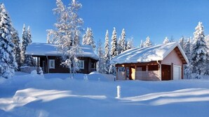 Mökki, jonka katto on lumen peitossa ja jonka ulkoseinät ovat puuta. Mökkiä ympäröivät lumipeitteiset puut.