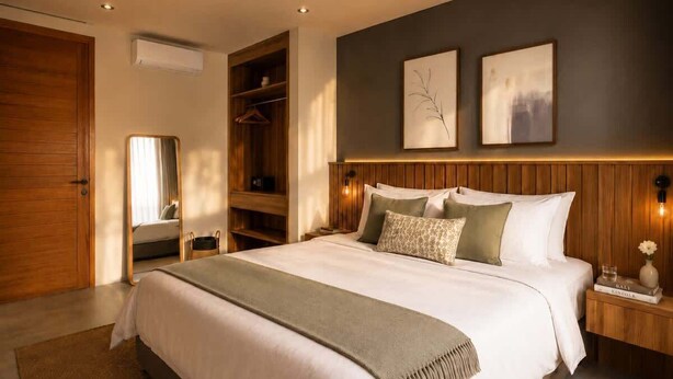 A bedroom with a large bed, wooden headboard, bedside tables, a wardrobe, and a mirror. - Villa Gaudi II (Kabupaten Badung)