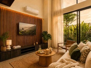 Ein modernes Wohnzimmer mit einem großen Flachbildfernseher, einer Wand mit Holzpaneelen, einer gemütlichen Sitzecke mit einer Couch und Sesseln, einem runden Couchtisch und Blick auf üppiges Grün durch große Fenster.