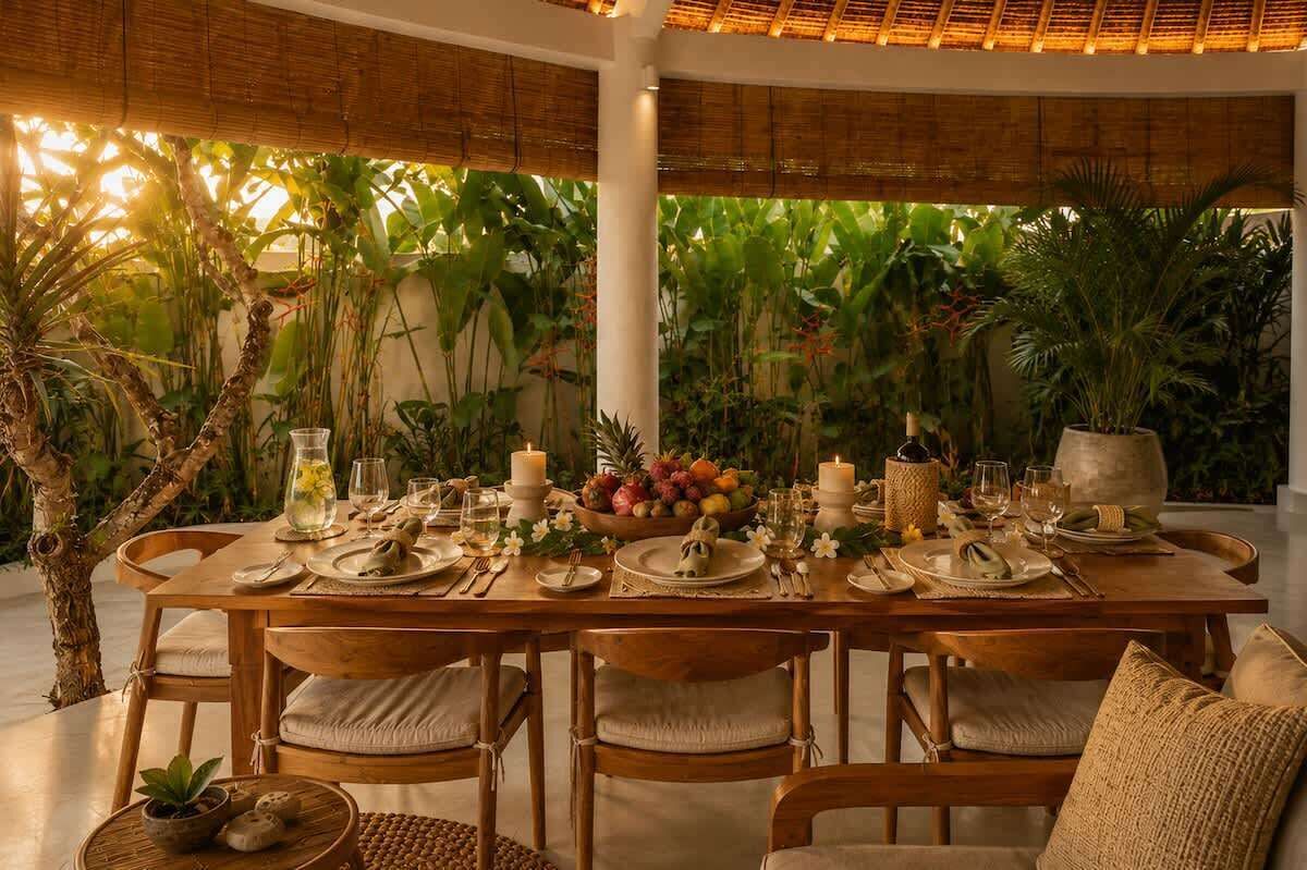 A dining table set for six with candles, fruit, and glassware, surrounded by chairs and plants.