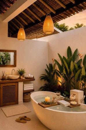 A modern bathroom with a freestanding bathtub, a sink, and a mirror. There are plants and a wooden ceiling. - Villa Juma (Kabupaten Badung)