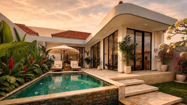 A modern house with a swimming pool, outdoor seating, and potted plants. - Villa Hibiscus I (Kabupaten Badung)