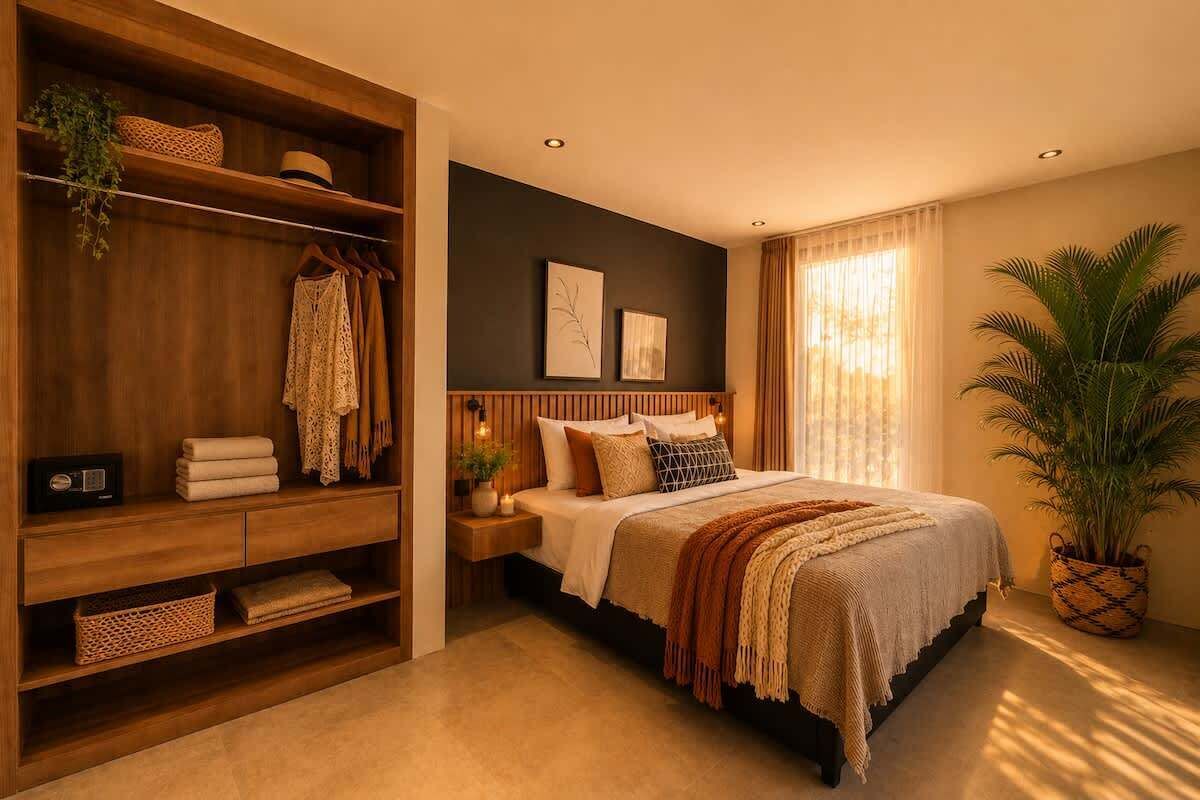 A bedroom with a bed, bedside tables, a wardrobe, and a potted plant.