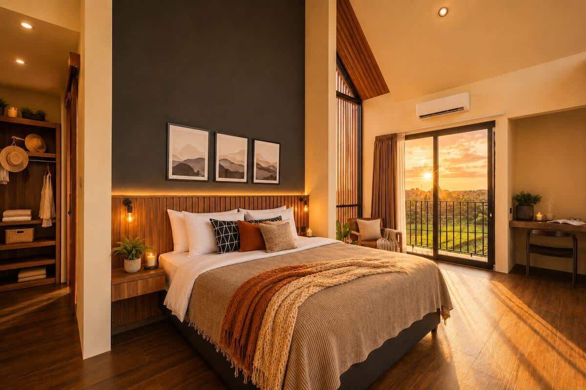 Ein geräumiges Schlafzimmer mit einem großen Bett, einem Holz-Kopfteil und Blick ins Freie durch eine Schiebetür.