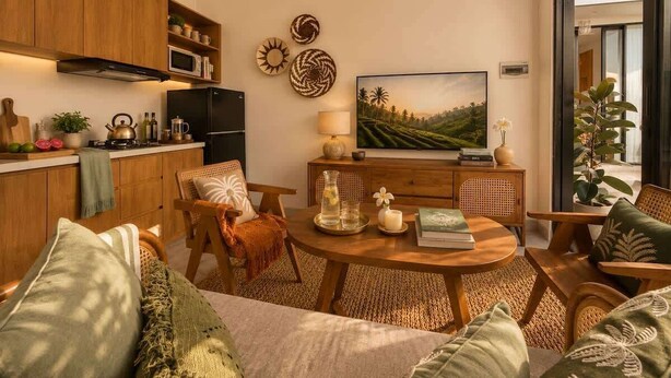 A modern living room with a dining area, wooden furniture, a flat-screen TV, and a kitchen with wooden cabinets and appliances. - Villa Hibiscus II (Kabupaten Badung)