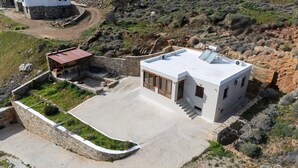 Une maison moderne avec un toit plat, un mur en pierre et une allée pavée.