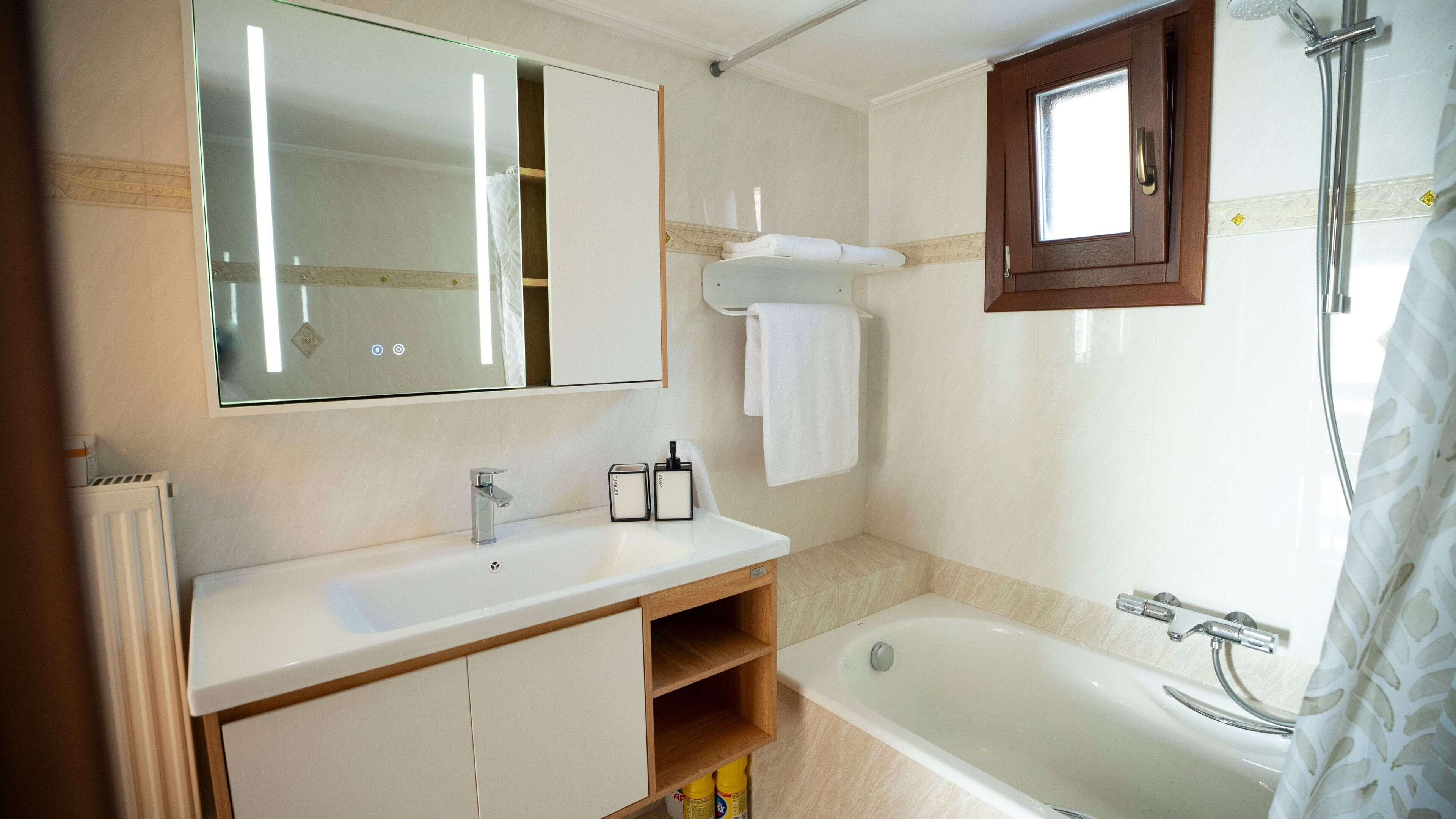 Shower, hair dryer, towels