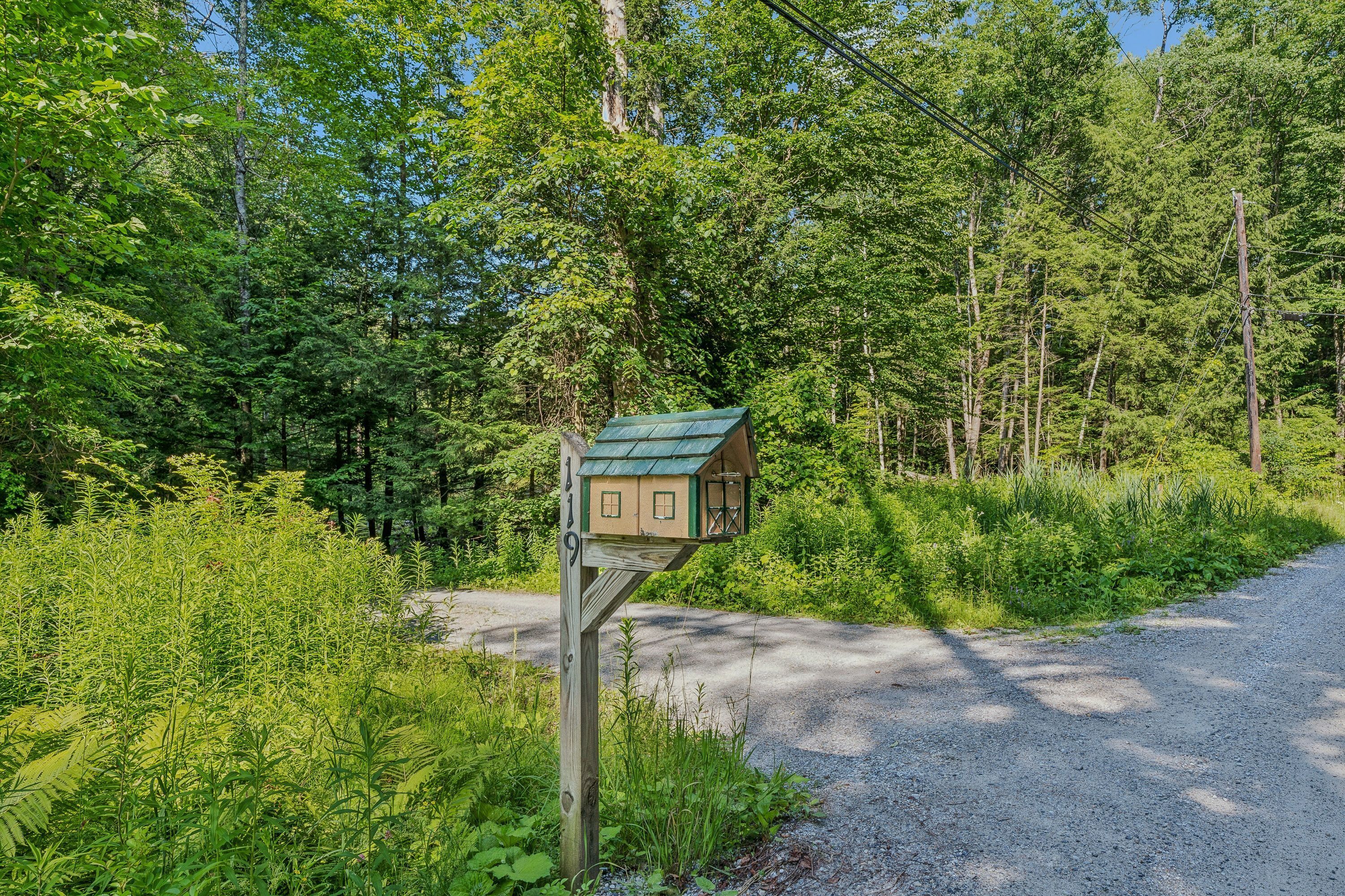 A mailbox on a wooden post by a gravel road in a wooded area.