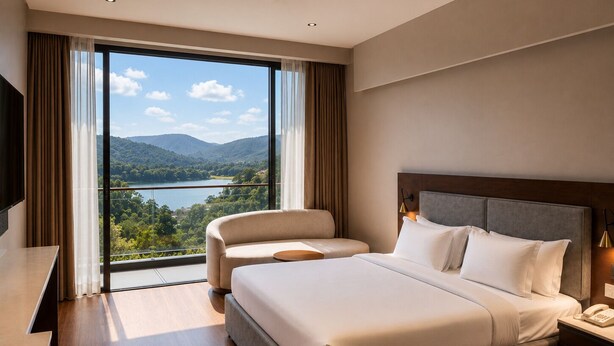 A hotel room with a large bed, a sofa, a desk, and a view of a lake and mountains. - Tiger Hills Ridhira Retreats (Udaipur)