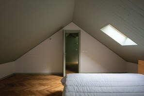 A room with a sloped ceiling, a skylight, a door, and a bed.