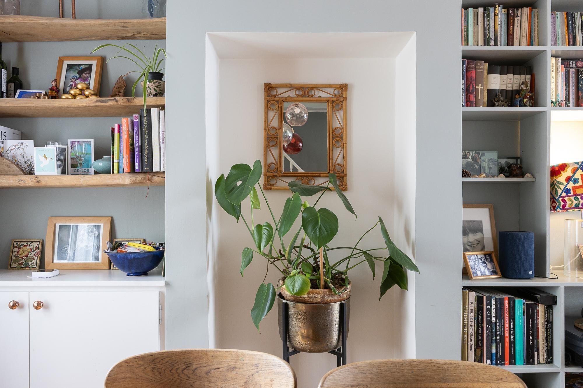 A room with a bookshelf, a framed mirror, and a potted plant.