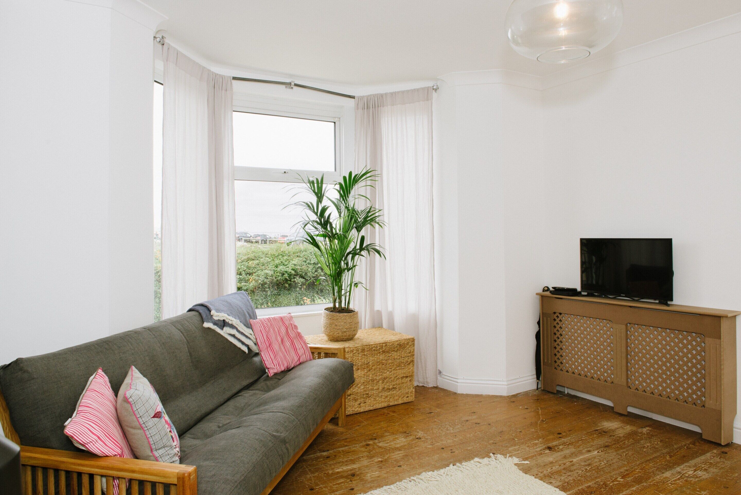 A living room with a sofa, a television on a cabinet, a potted plant, and a view through a window.