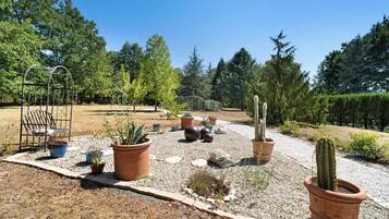 Ein Garten mit verschiedenen Blumentöpfen, einer Metallbank und einem Kiesweg.