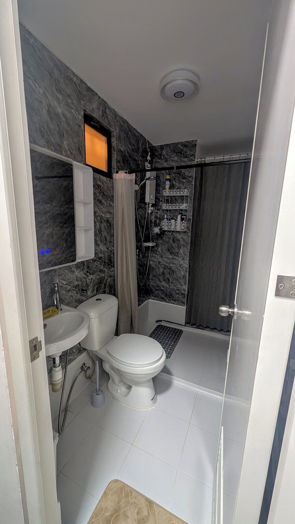 Hair dryer, bidet, towels, soap