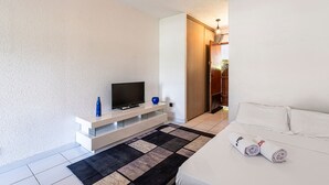 A modern bedroom with a bed, a TV on a white stand, a black and white rug, and a wooden door. - La Plage d'Irène (Appartement n°36) - Avec balcon (San-Nicolao)