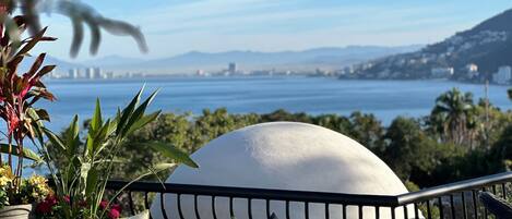 A balcony with a view of the sea and distant cityscape, featuring a white dome-shaped object, a black metal railing, and various potted plants.