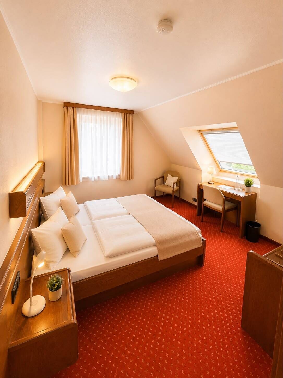 A hotel room with a large bed, a desk, a chair, a small table with a plant, and a window with curtains.