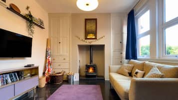 Una sala de estar con chimenea, un sofá, un televisor de pantalla plana y una estantería.