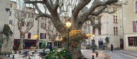 Una calle adoquinada con un árbol grande, mesas al aire libre y edificios con contraventanas.