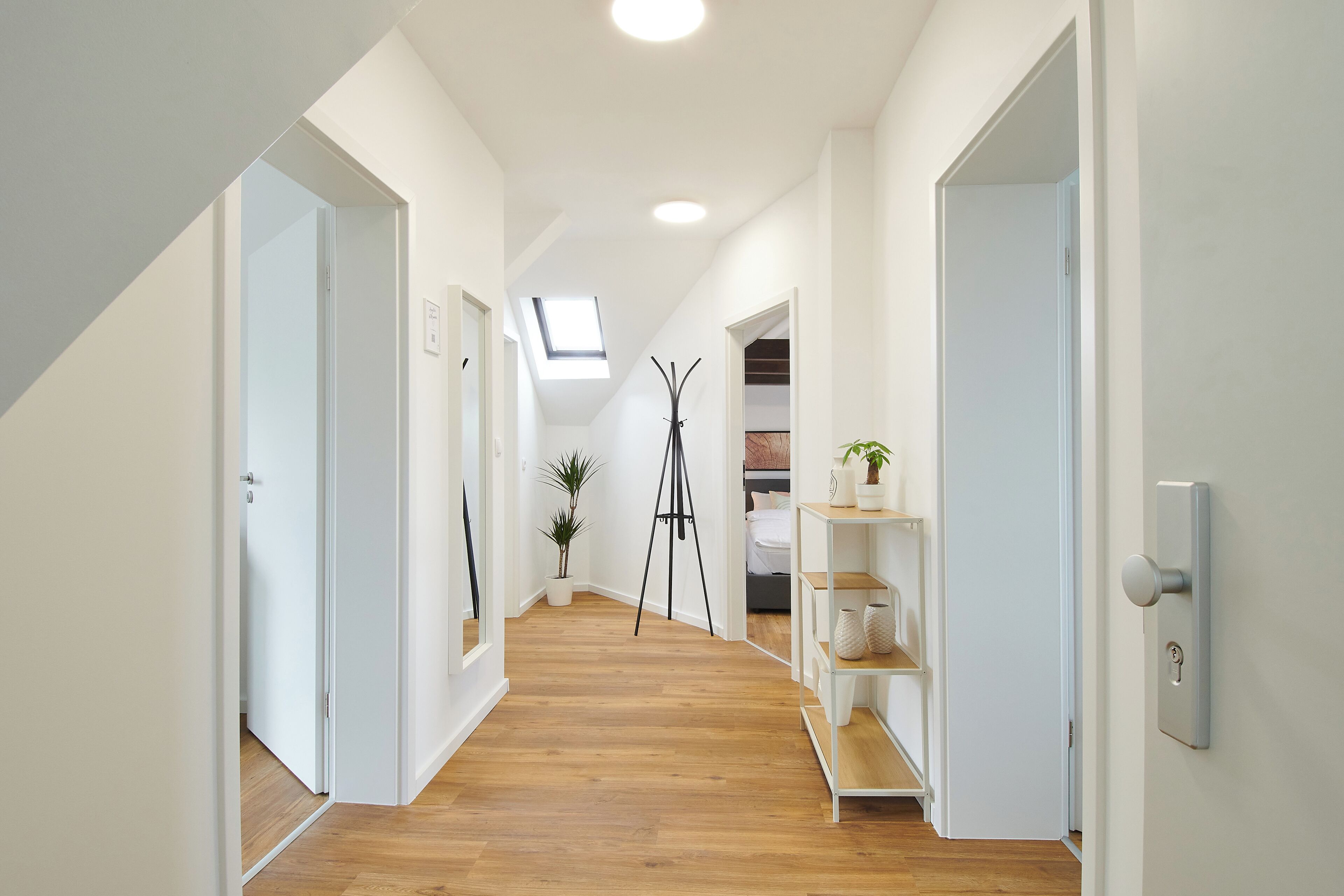 A hallway with wooden flooring, white walls, and a skylight. There are doors on both sides, a plant, and a shelf with decorative items.