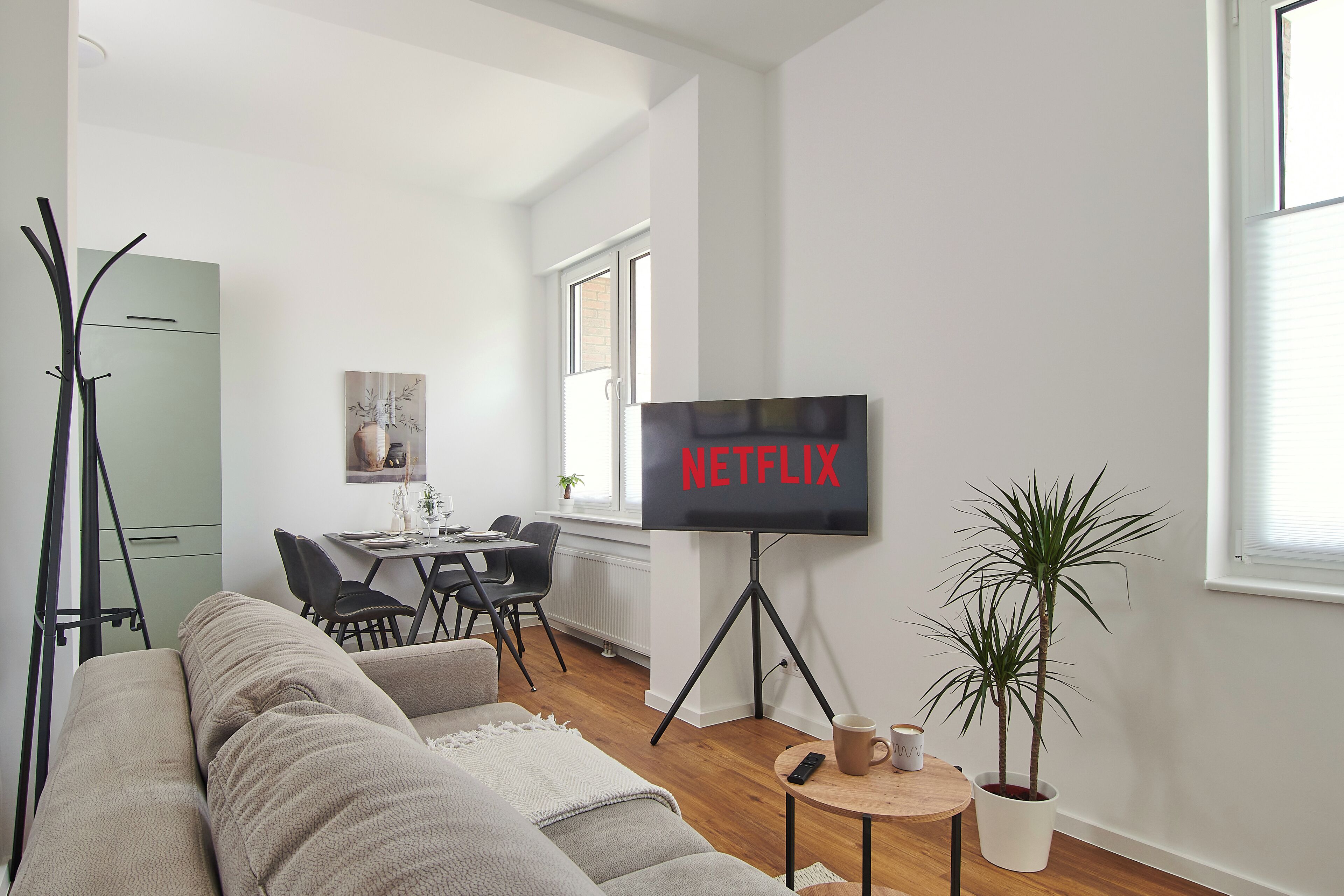 Un salon moderne avec un canapé, un coin repas et un téléviseur posé sur un trépied, sur lequel on peut lire le mot « NETFLIX ».