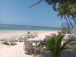 A beach with white lounge chairs and tables, a palm tree, and a clear view of the ocean.
