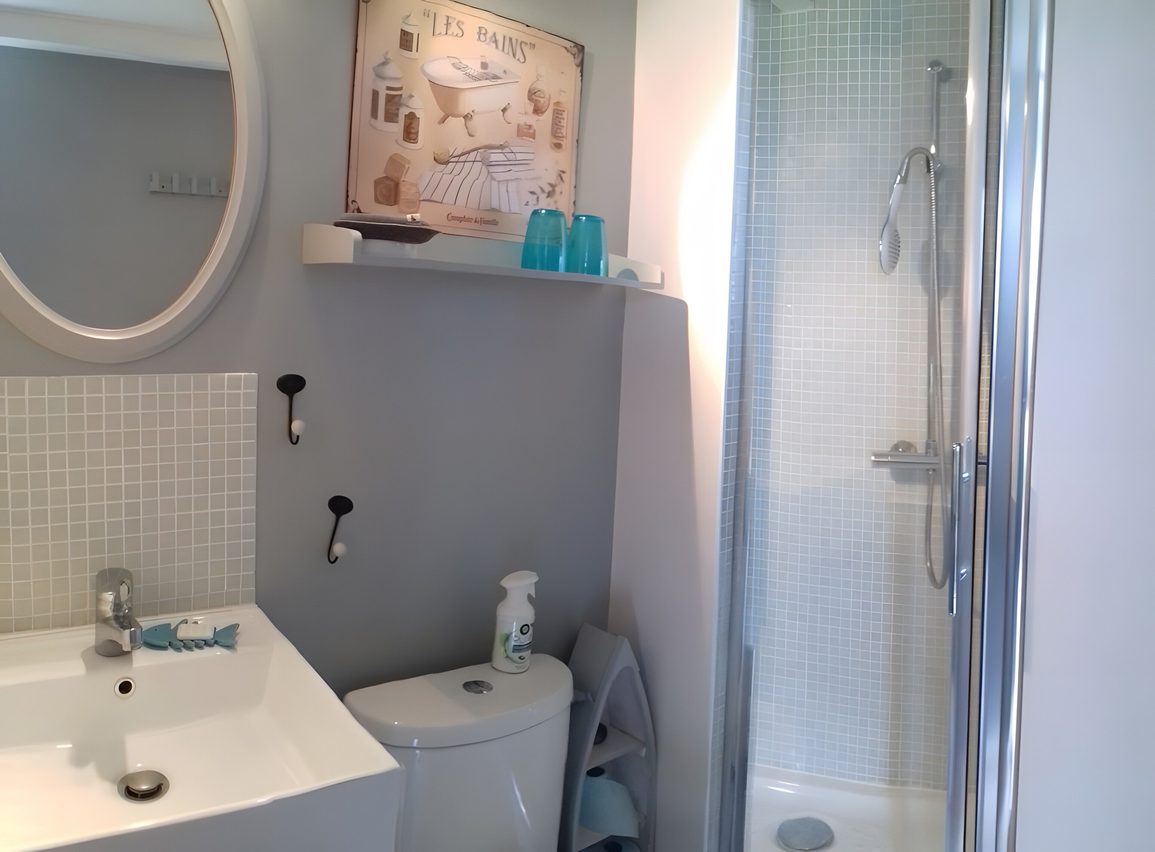 Een badkamer met douche, toilet, wastafel en een spiegel.