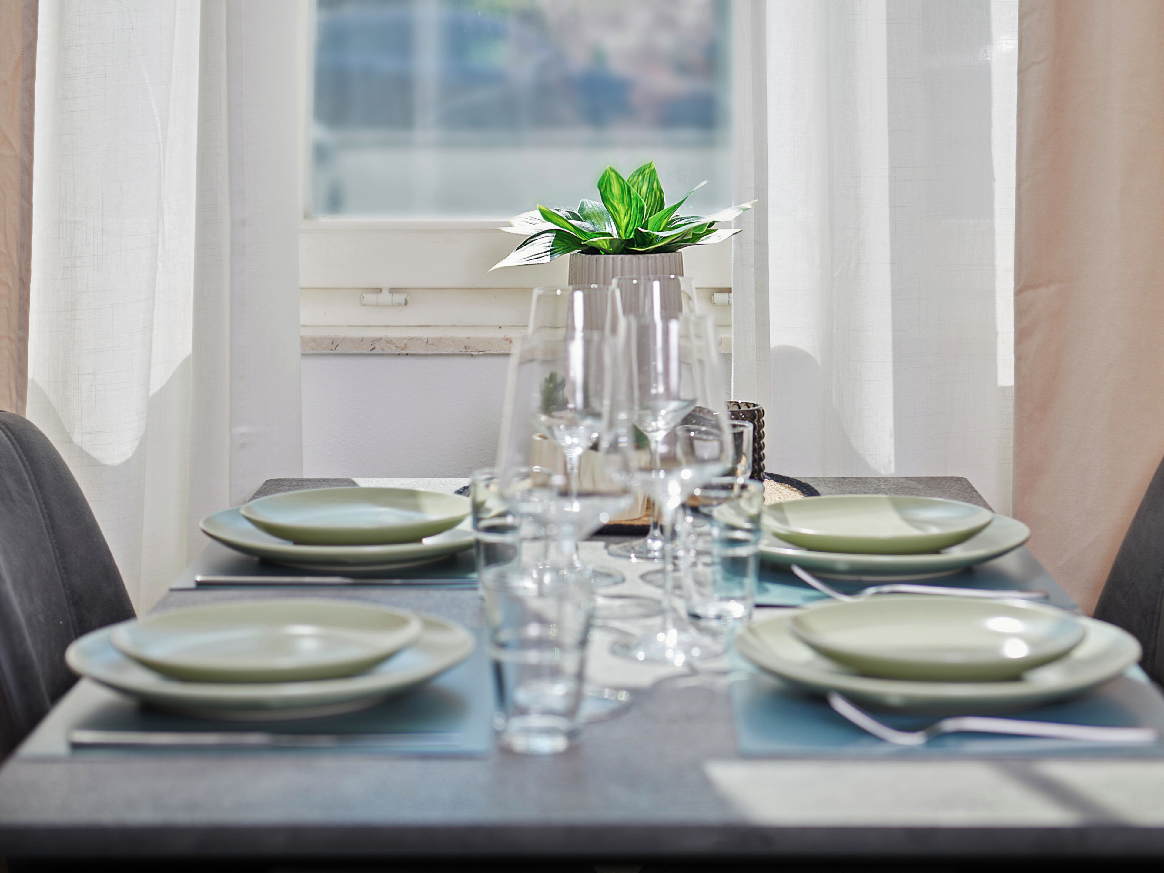 A dining table set with plates, glasses, and a vase with a plant.