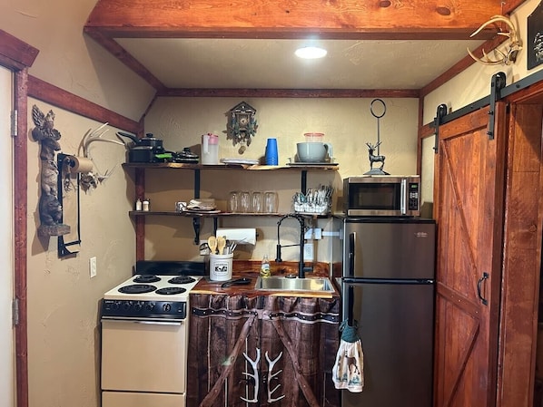 Coffee/tea maker, fridge, microwave, oven
