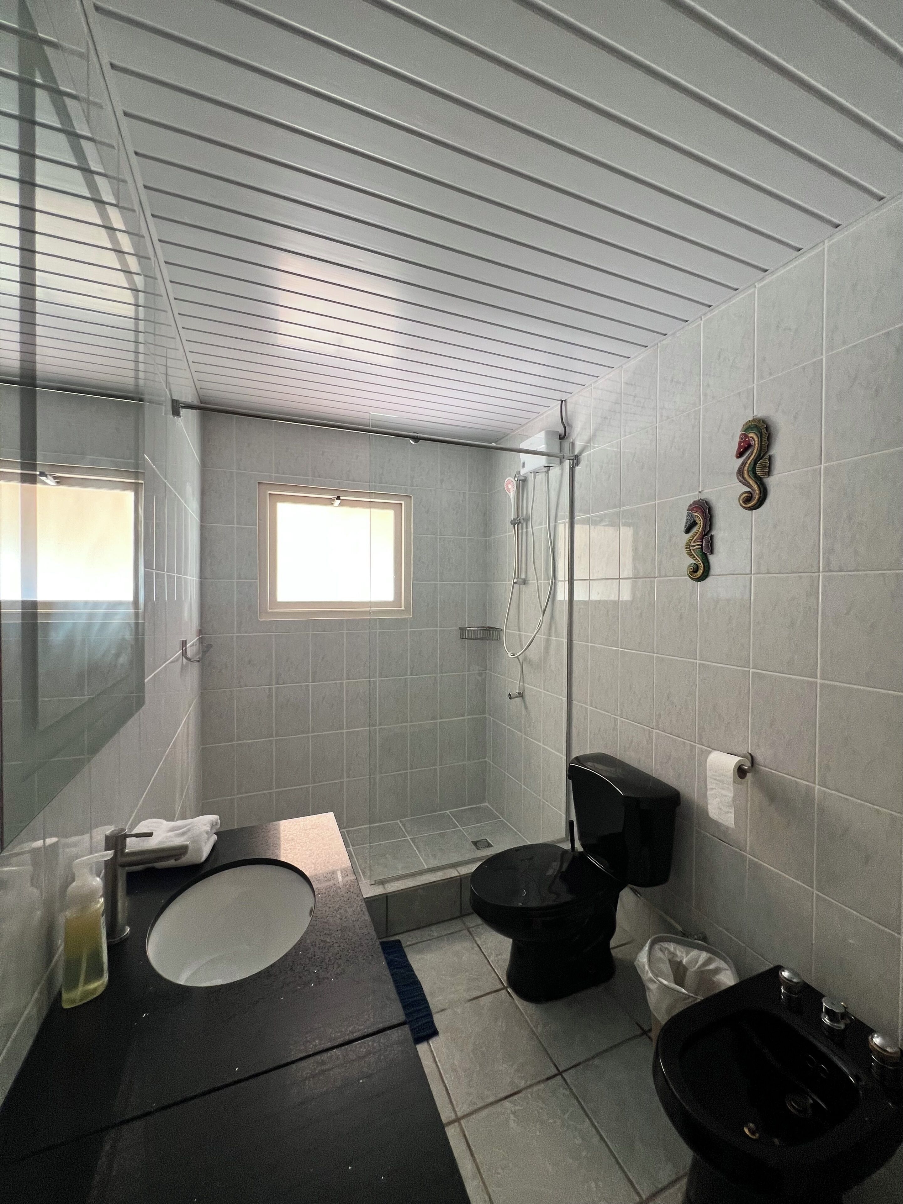 A bathroom with a shower, toilet, sink, and a window.