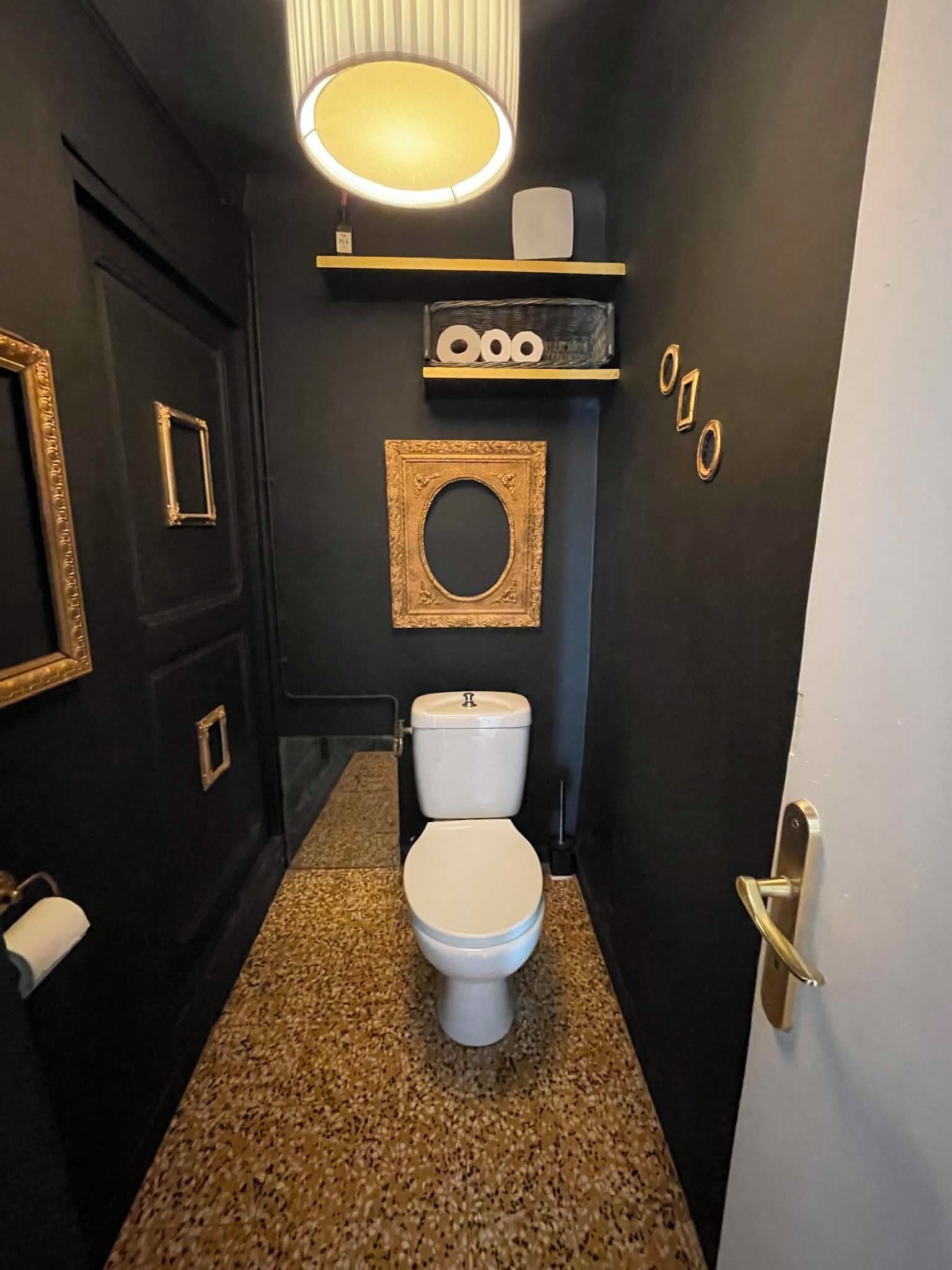 Une petite salle de bain comprenant des toilettes, un lavabo et un miroir. On y trouve une étagère avec du papier toilette et un tableau encadré au-dessus des toilettes.