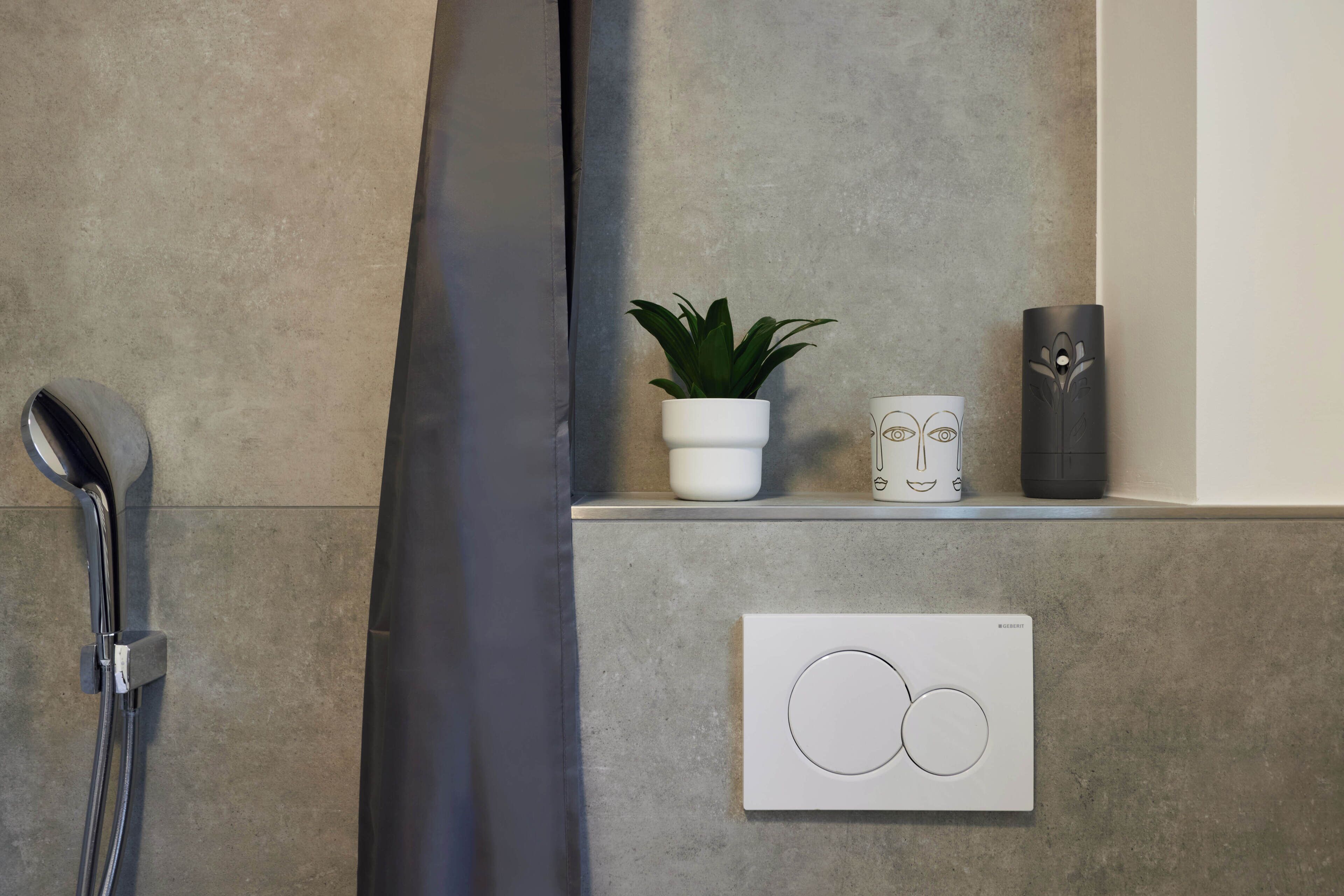 A bathroom with a shower, a potted plant, a decorative item, and a thermostat.