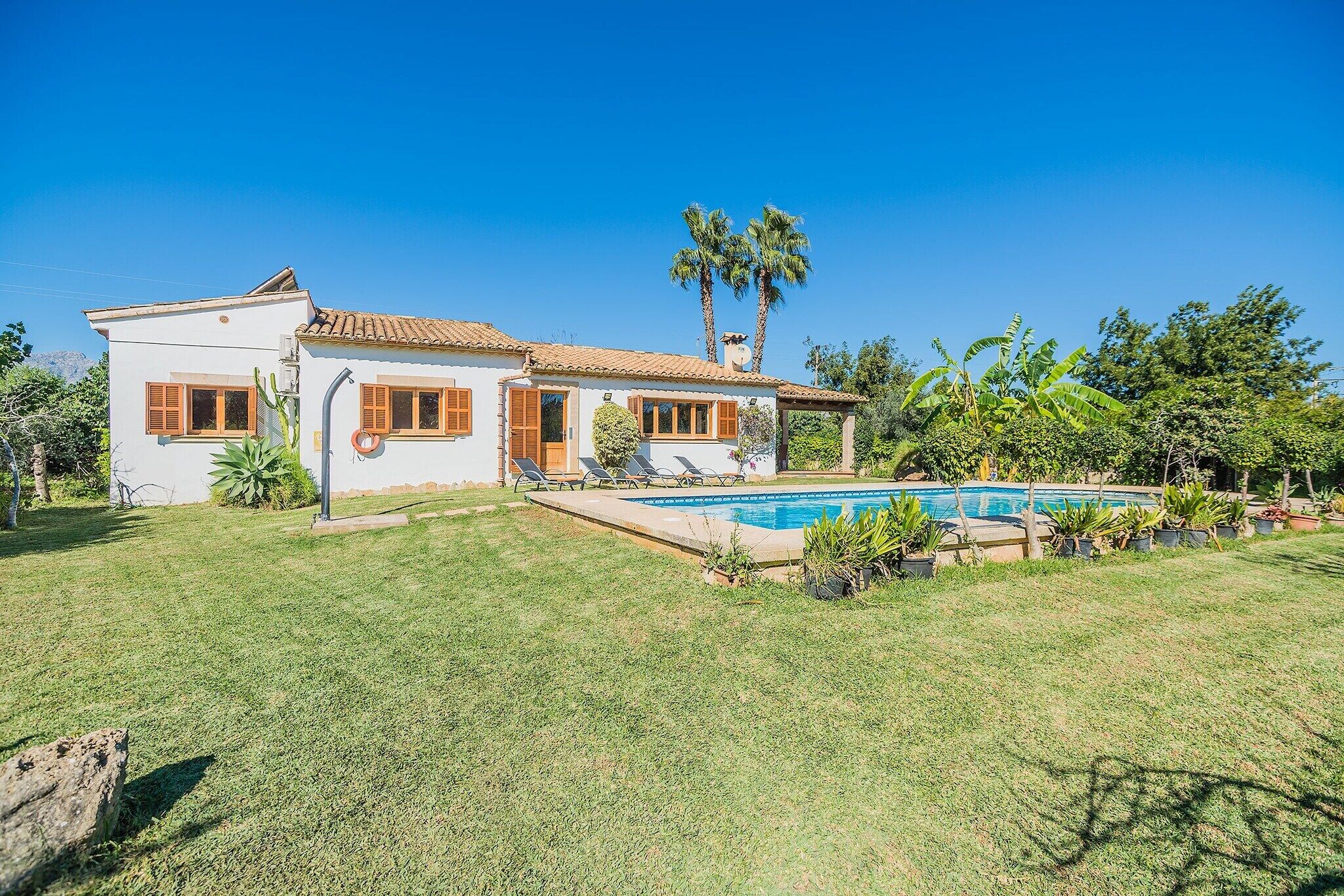 Ein zweigeschossiges Haus mit Swimmingpool, umgeben von viel Grün und Palmen.