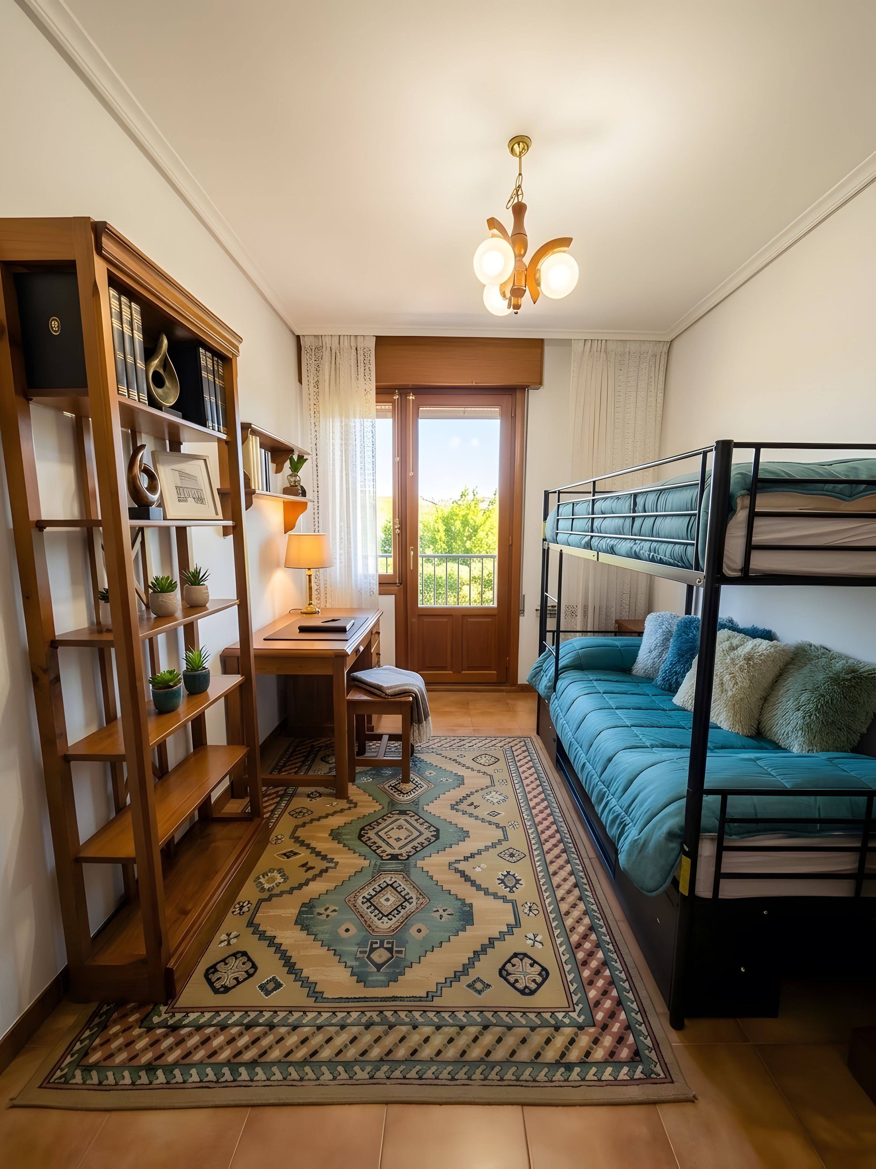 A room with a bunk bed, a wooden bookshelf, a desk with a lamp, and a patterned rug.